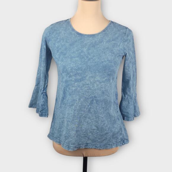 Style & Co 3/4 Bell Sleeves Top XSP Blue Chambray Lightweight Boho Minimalist - Picture 1 of 11